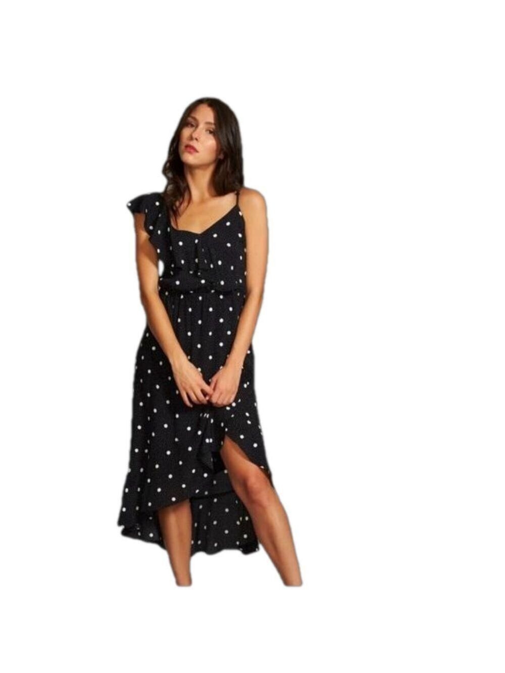 REVOLVE 1. STATE Black & White Polka Dot Assymetrical Flowy Midi Dress Ruffle S